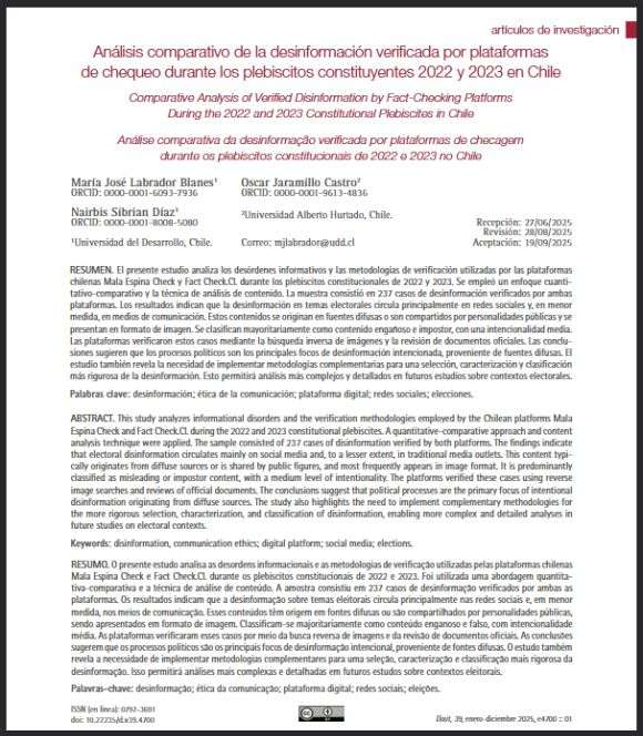 Análisis comparativo de la desinformación verificada por plataformas de chequeo durante los plebiscitos constituyentes 2022 y 2023 en Chile